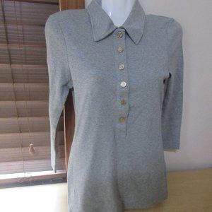 Tory Burch Grey Cotton  Collared Polo with Gold Buttons Sweater Top Shirt Sz XS